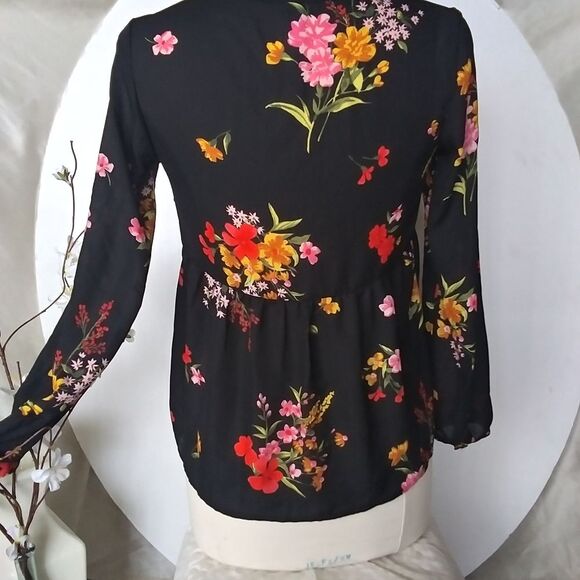 Boho Blouse Floral Flowy Peasant Style Semi Sheer Chiffon Blouse V Neck … - Picture 6 of 16